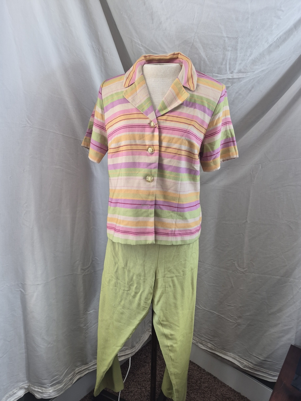Sag Harbor Pastel Striped Short Sleeve Top and Green Pants Set
